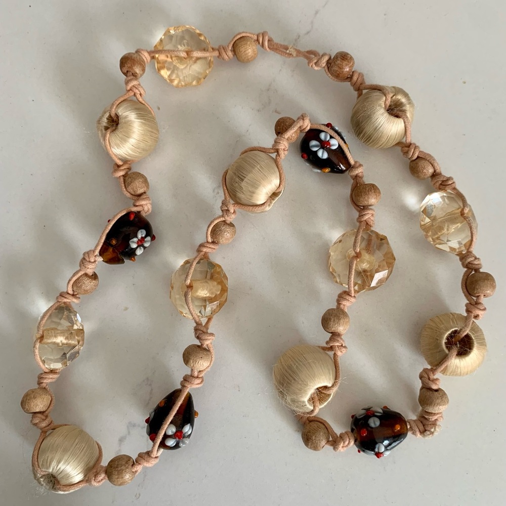 Vintage Benetton Glass Bead & Fiber Cord Necklace